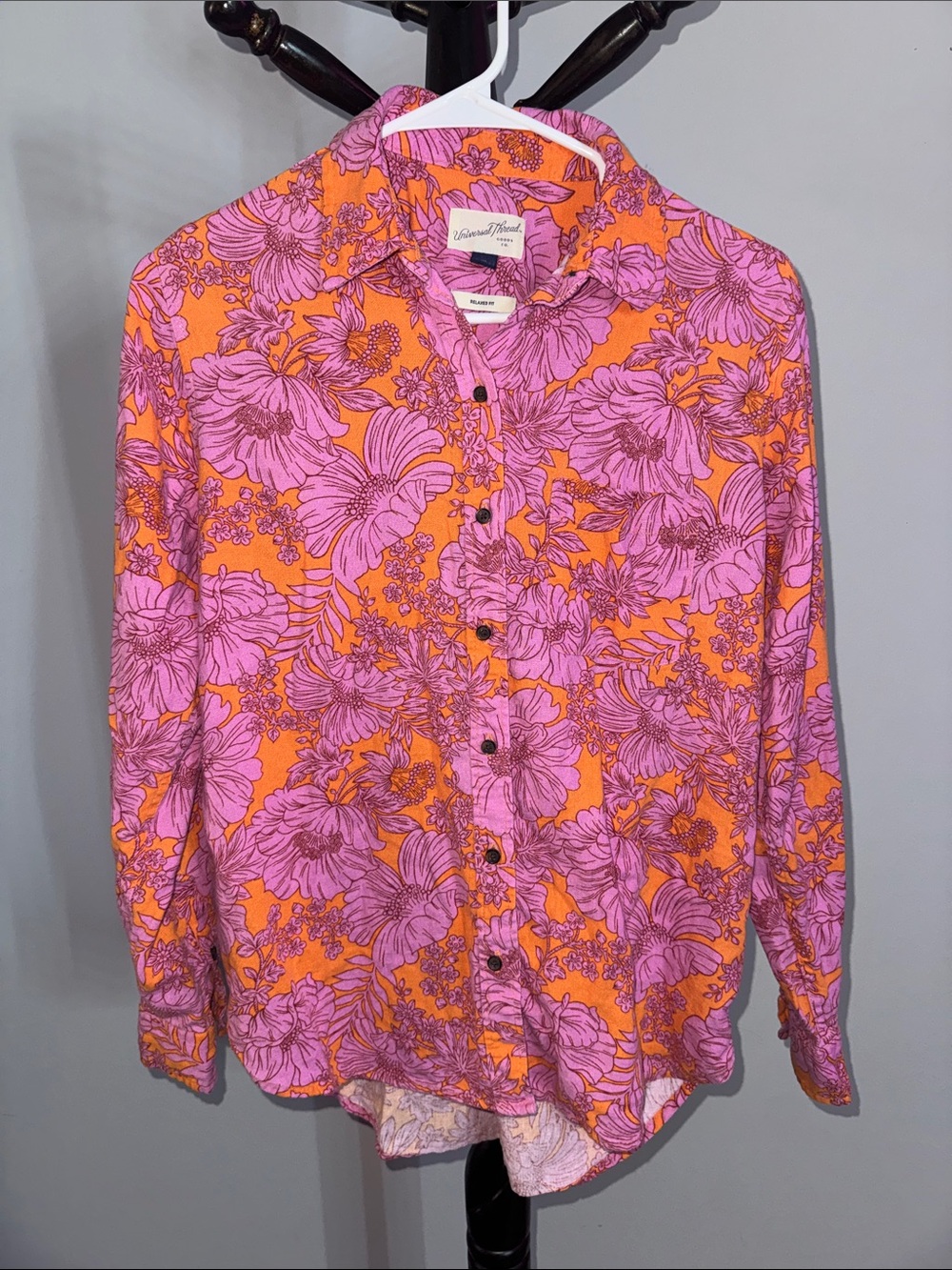 Universal Thread Orange Button-Up Shirt with Pink Floral Print 31